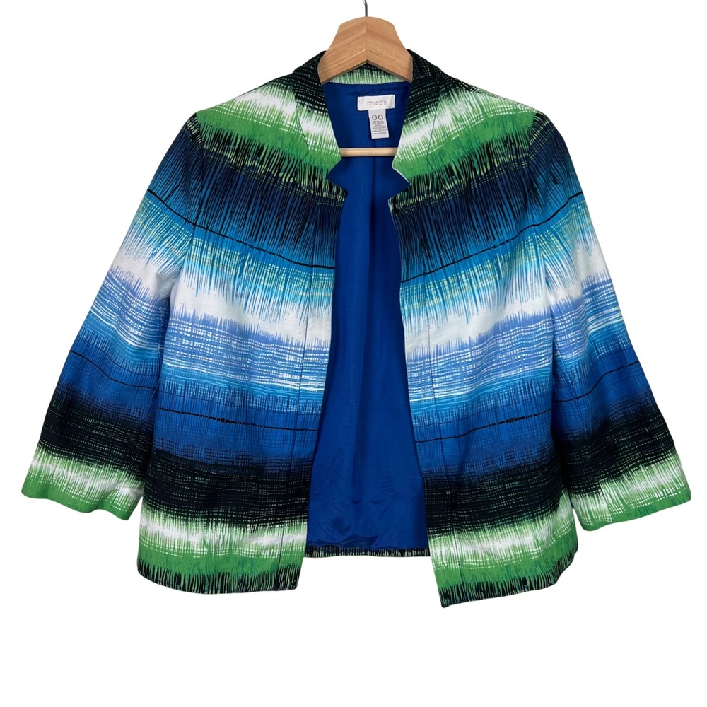 Chicos Open Front Blazer Topper Jacket‎ Green Blue Brushstroke Size 00 (XS)